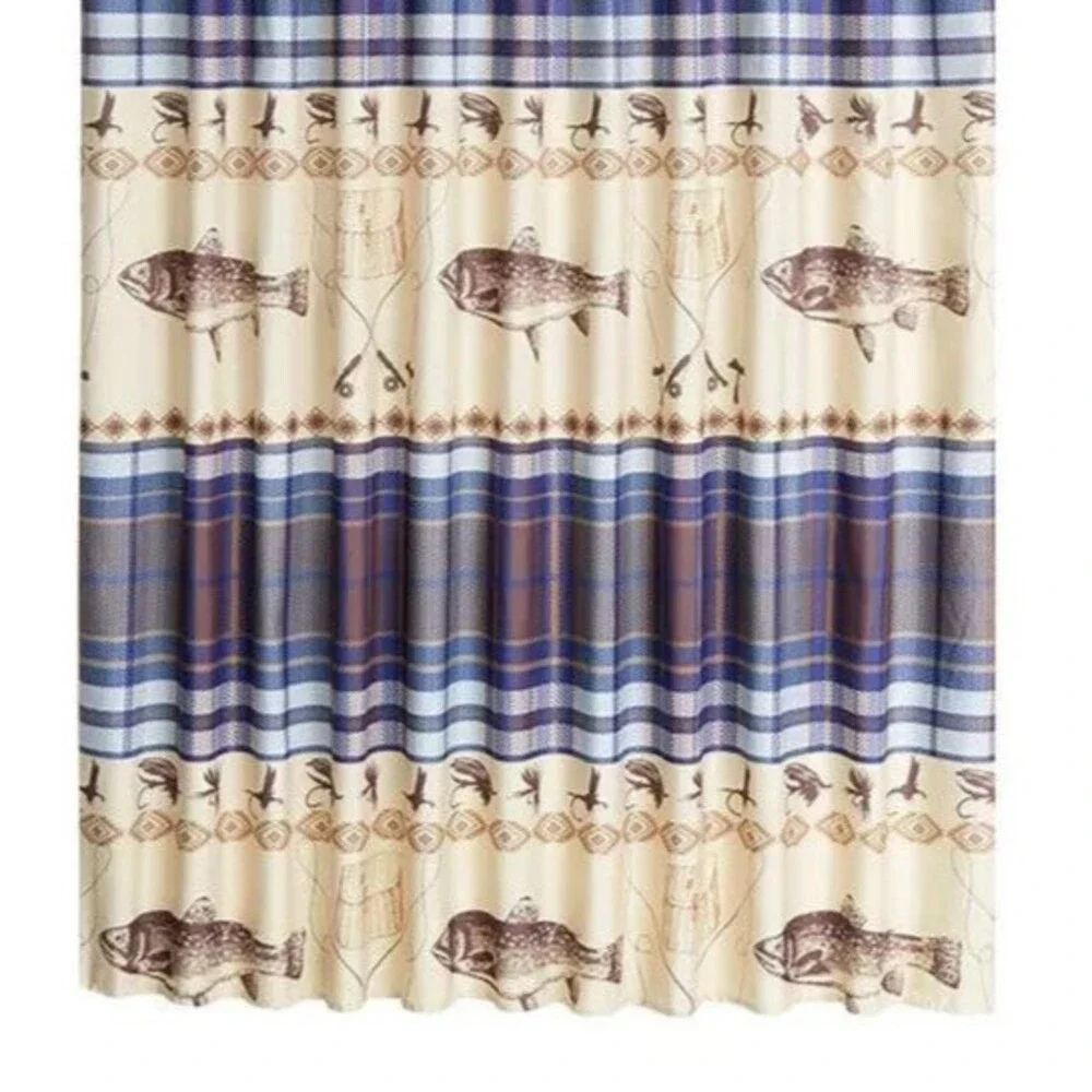 Fly Fishing Shower Curtain Rod Reel Lures Fish Design Lodge Blue Plaid Tan NEW